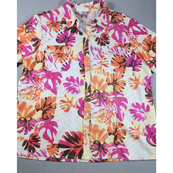 White Stag Tops - Womens Linen Blend Short Sleeve Shirt 2X Abstract Artsy Art Dopamine Pockets tab